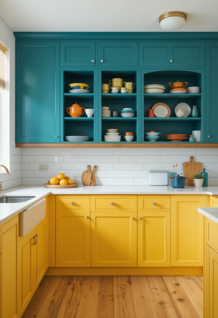 bold kitchen color wit vibrant yellow lower cabinets paired with deep teal uppers