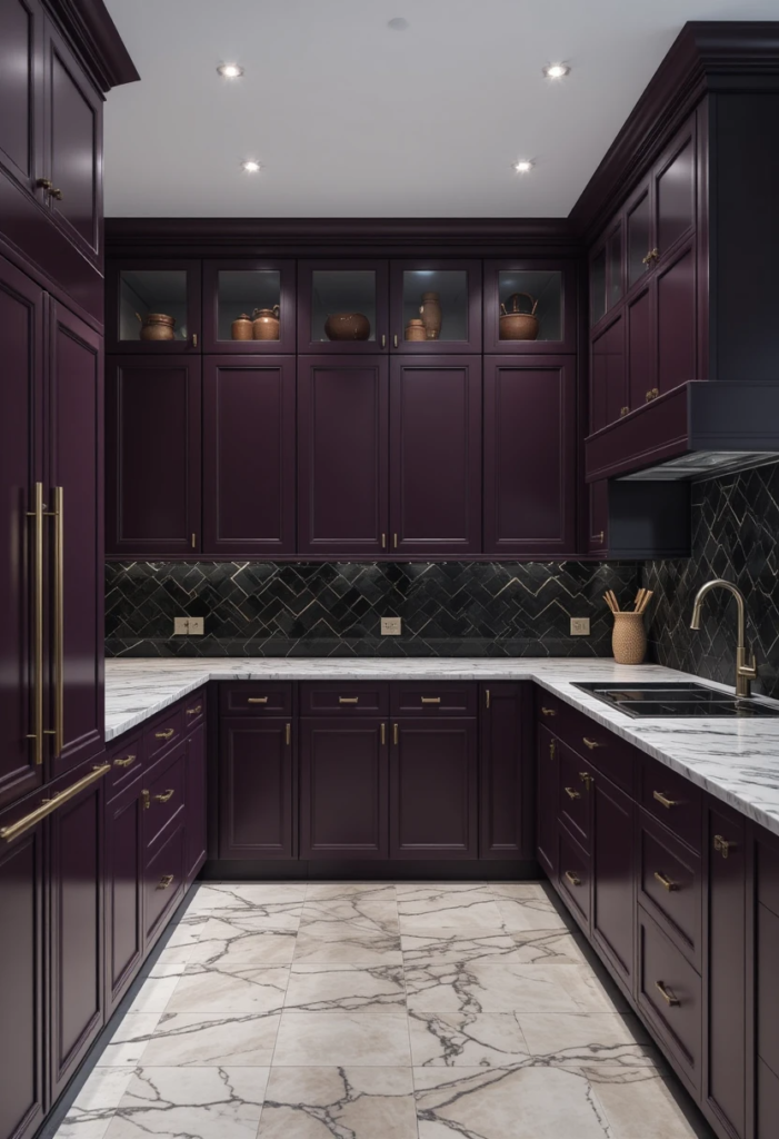 Plum purple cabinetry with matte black fixtures