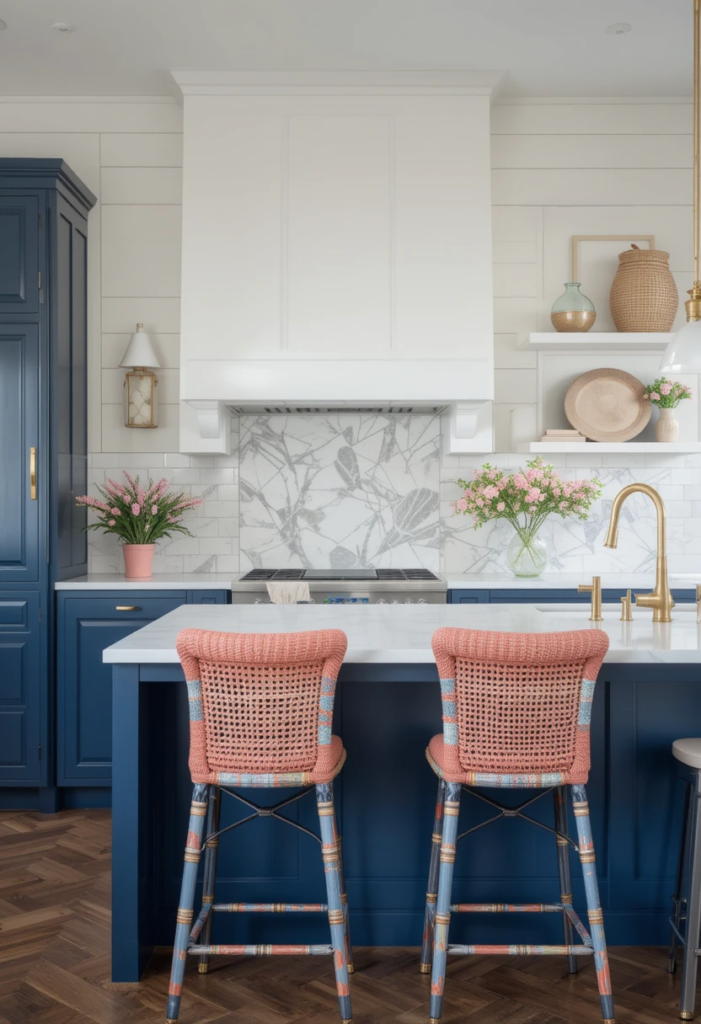 Coral accents, such as a backsplash or stools, pop against navy blue cabinetry