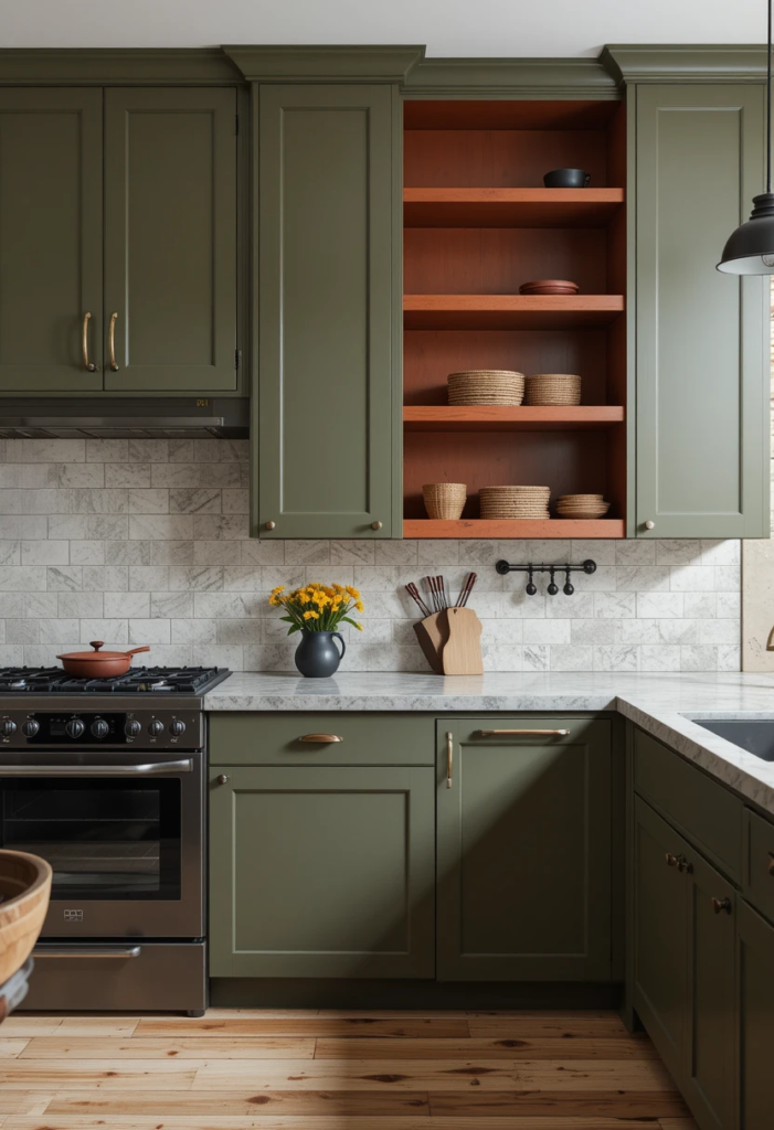 Kitchen with olive green cabinets paired with rust-red open shelving