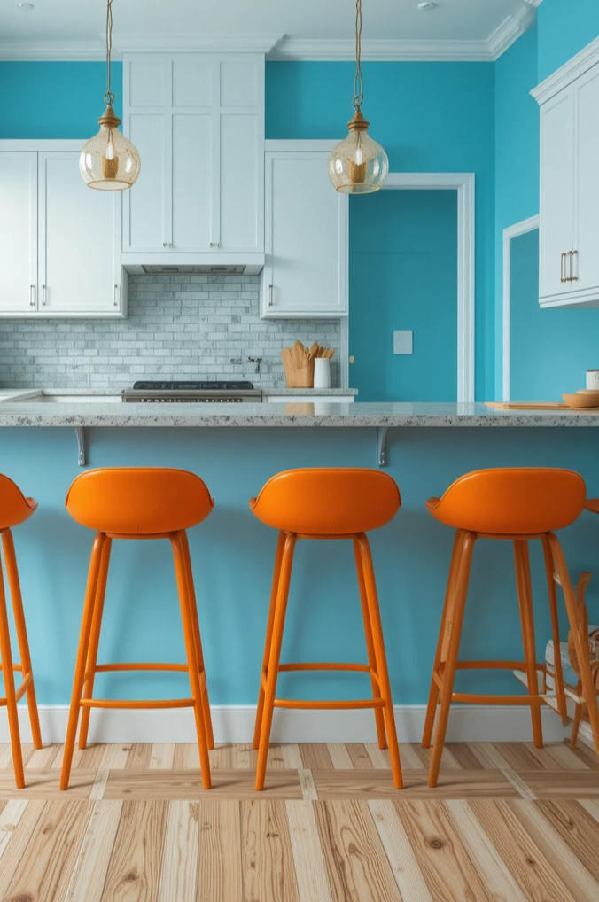 kitchen with sky blue walls paired with tangerine stools