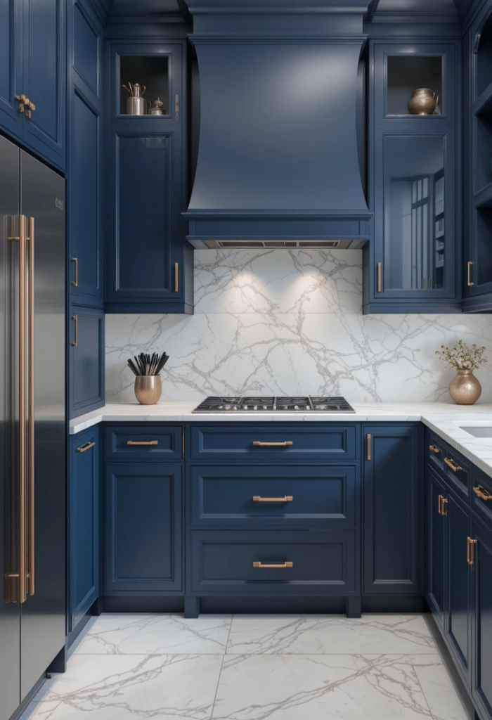 kitchen with midnight blue cabinetry with rose gold hardware