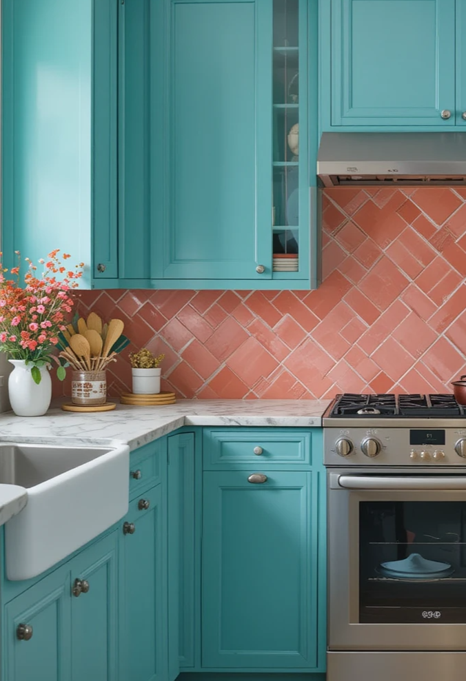 kitchen with turquoise cabinets with coral accents