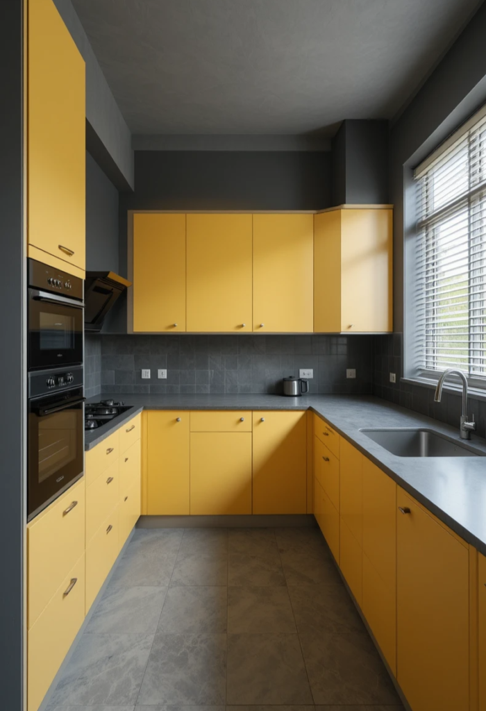 Kitchen with mustard yellow cabinetry paired with charcoal gray walls