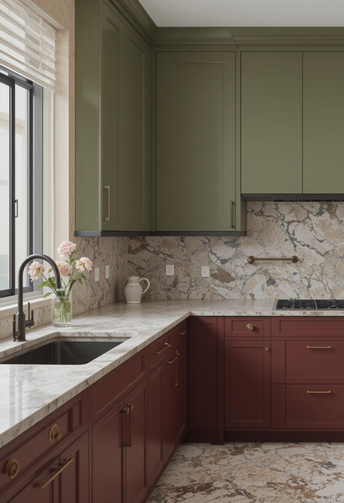 kitchen with burgundy lower cabinets paired with olive green uppers