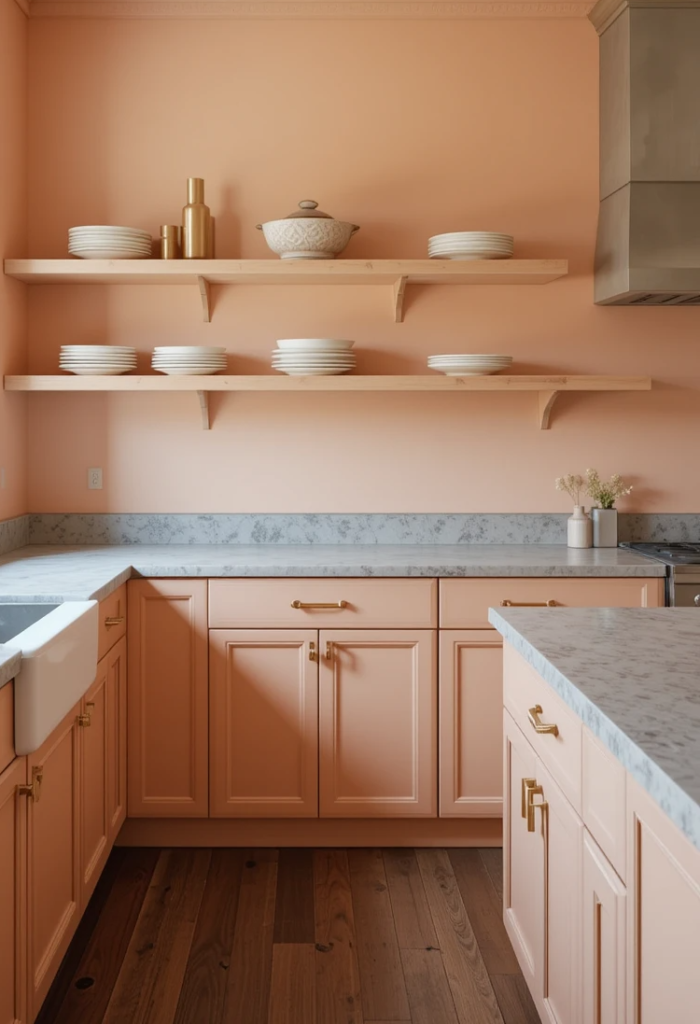 kitchen with peach walls or cabinetry paired with soft gray countertops