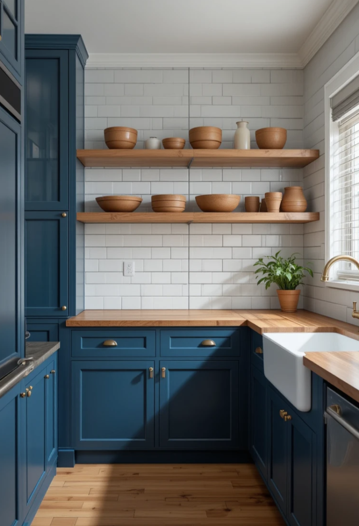 kitchen with indigo blue cabinetry paired with warm wood countertops