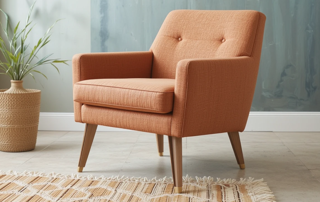 mid-century modern accent chair with clean lines, tapered legs, and a minimalist silhouette