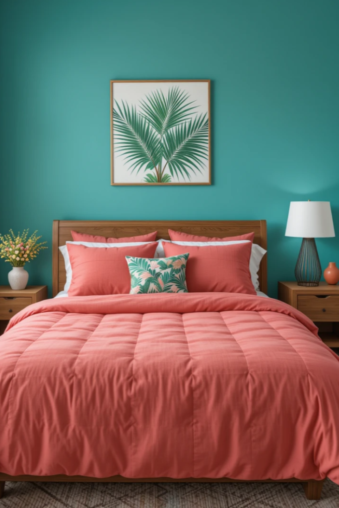 bedroom with teal walls and coral bedding with palm leaf prints and natural wood furniture.