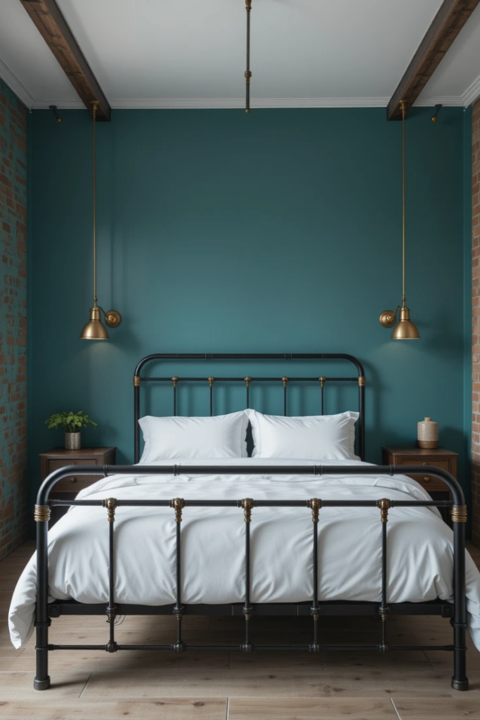 An industrial-style bedroom with teal walls, brass light fixtures, a metal bed frame, and exposed brick accents.