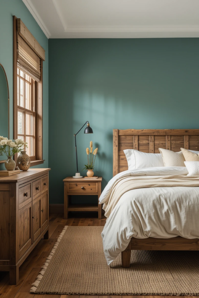 "A warm bedroom with teal walls, rustic wooden furniture, a wooden headboard, and natural textures like linen bedding and woven rugs.