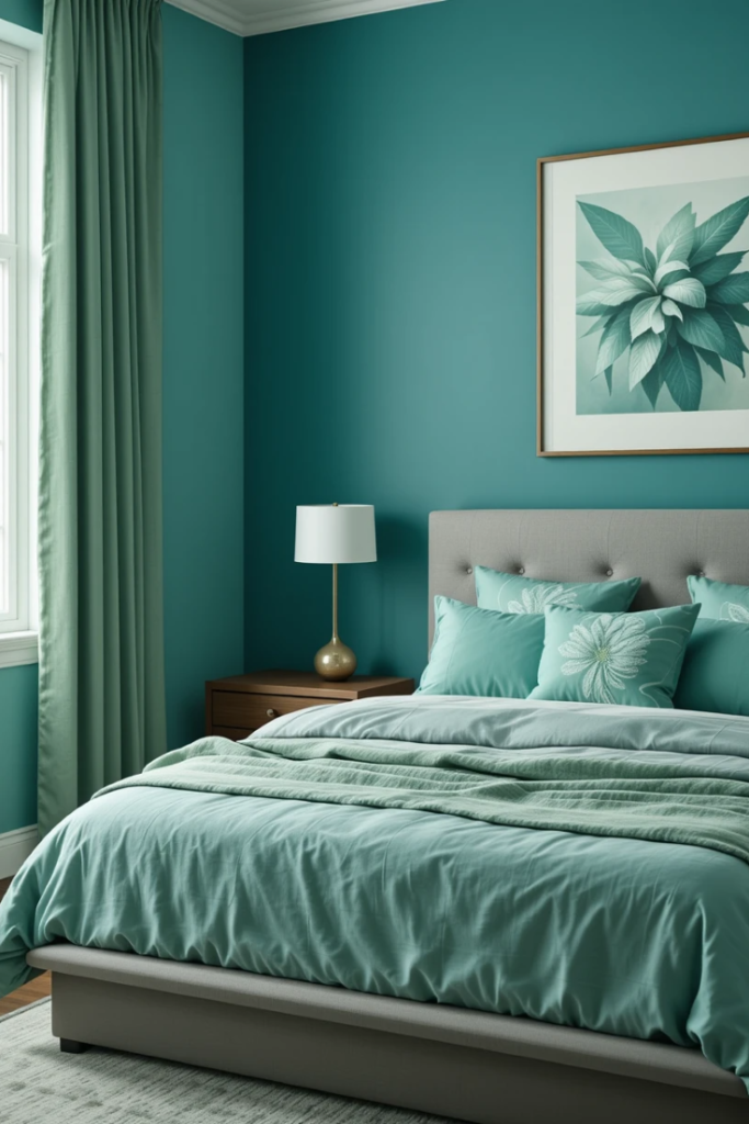 modern bedroom with teal walls and mint green accents in the bedding, curtains, and decor.