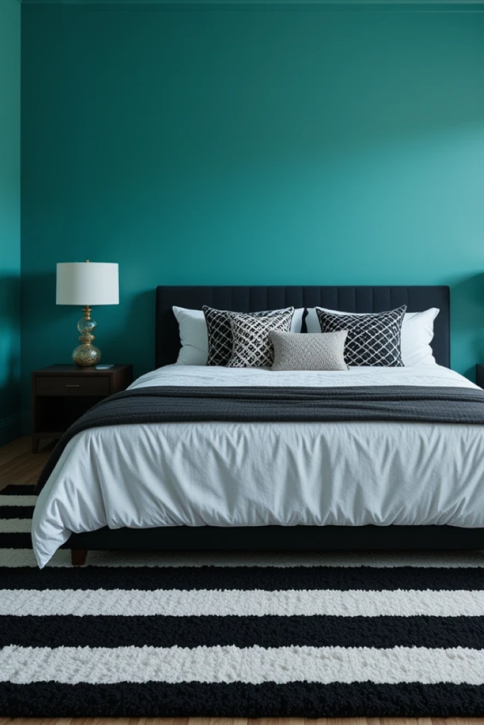  bold bedroom with teal walls, black-and-white striped rugs, and geometric pillow.