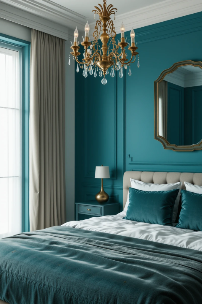 A  bedroom with teal walls, gold mirrors, a chandelier, and velvet bedding, combining bold color with glamorous accents.