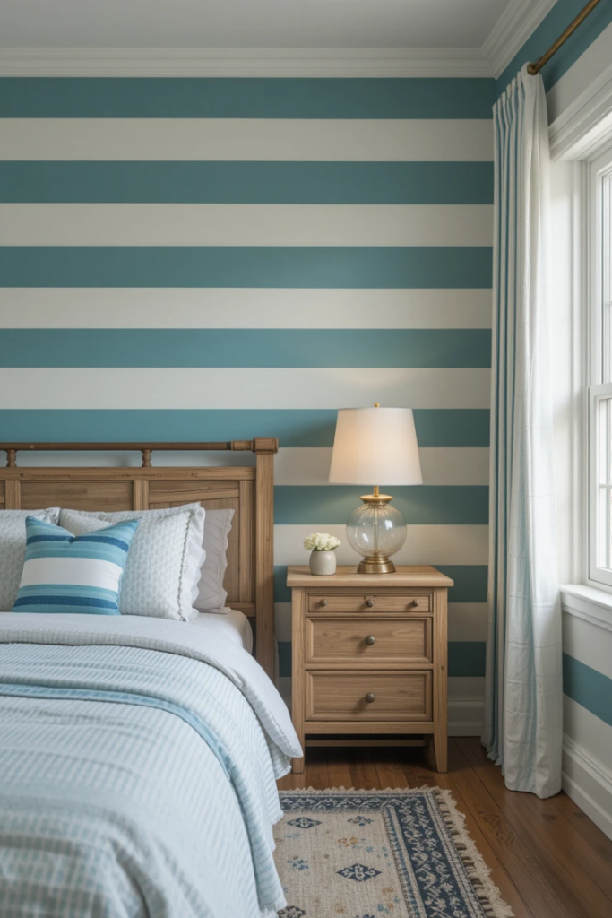 bedroom with teal and white striped walls, natural wood furniture.