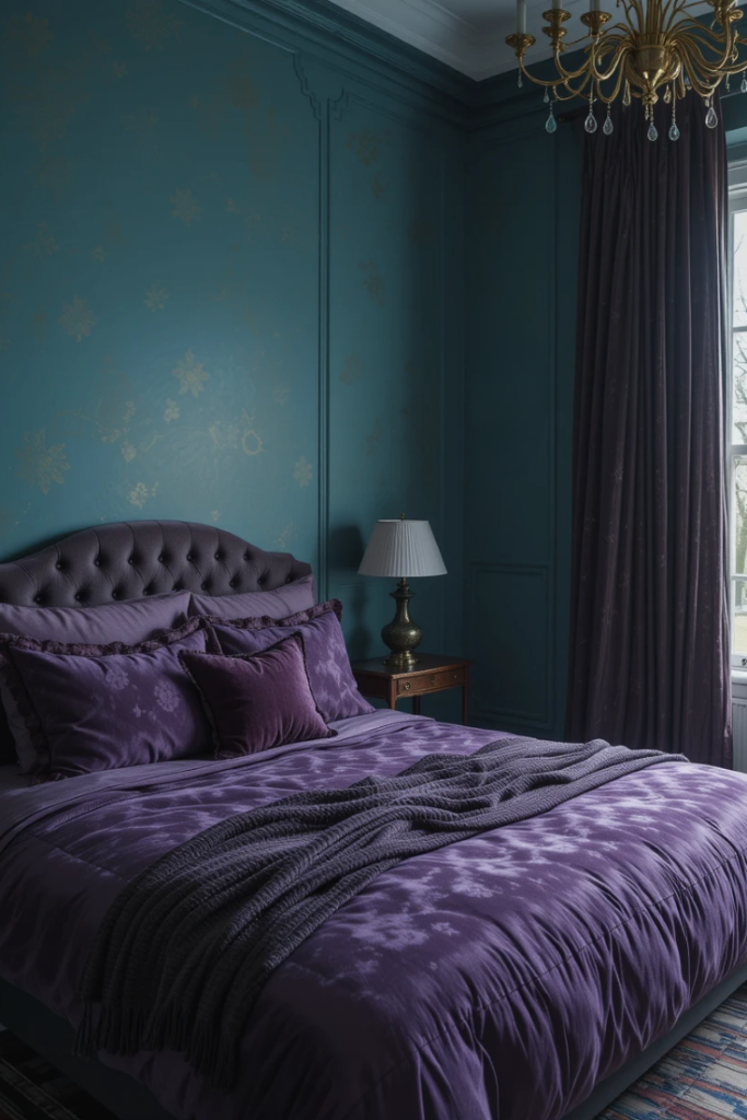 A dramatic bedroom with teal walls, deep purple bedding, velvet curtains, and gold accents