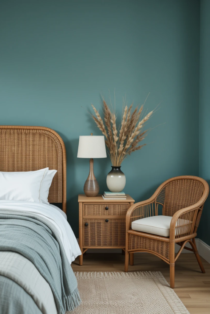 A relaxed bedroom with teal walls, wicker furniture, natural textures, and soft lighting,.