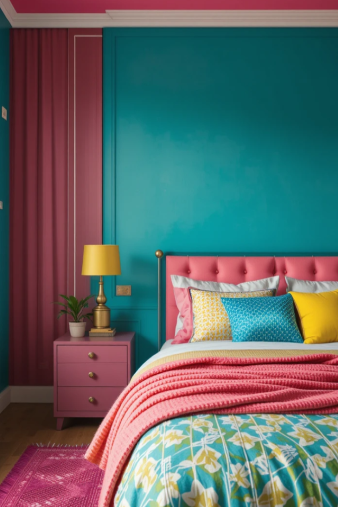 a bold, modern bedroom with teal walls, neon pink and yellow decor accents, geometric patterns, and sleek furniture for a vibrant look.