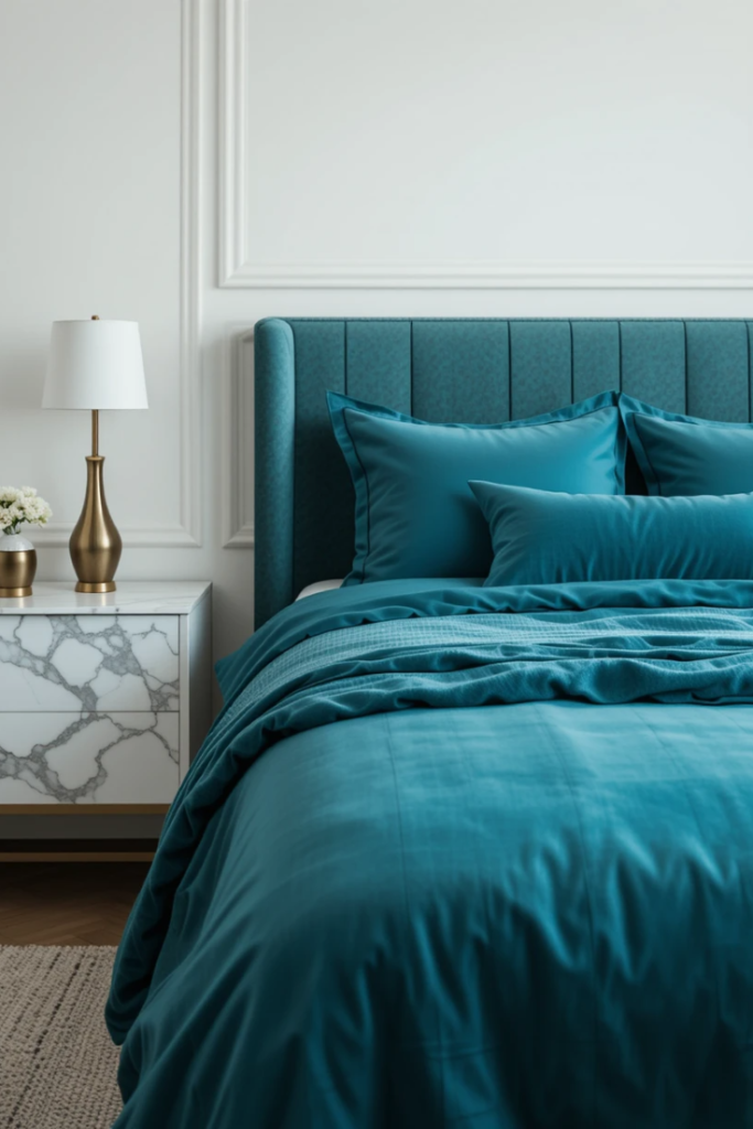 A sleek bedroom with teal bedding, marble nightstands, gold accents, and minimalist decor.