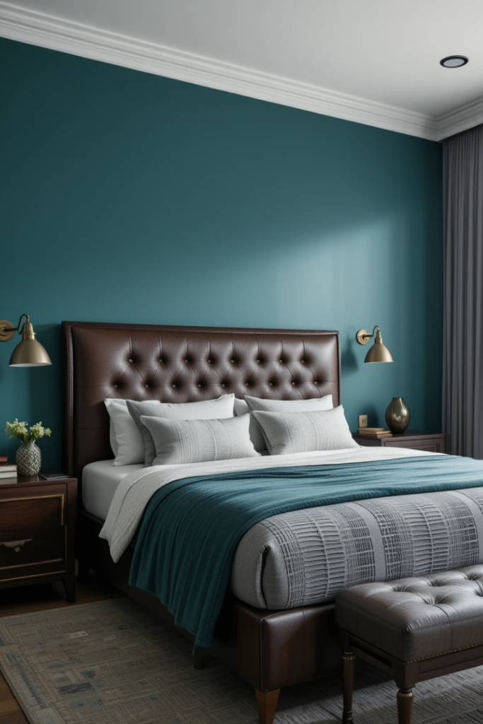 A masculine bedroom with teal walls, a leather headboard, dark wood furniture, and metallic accents, creating a bold and textured space.