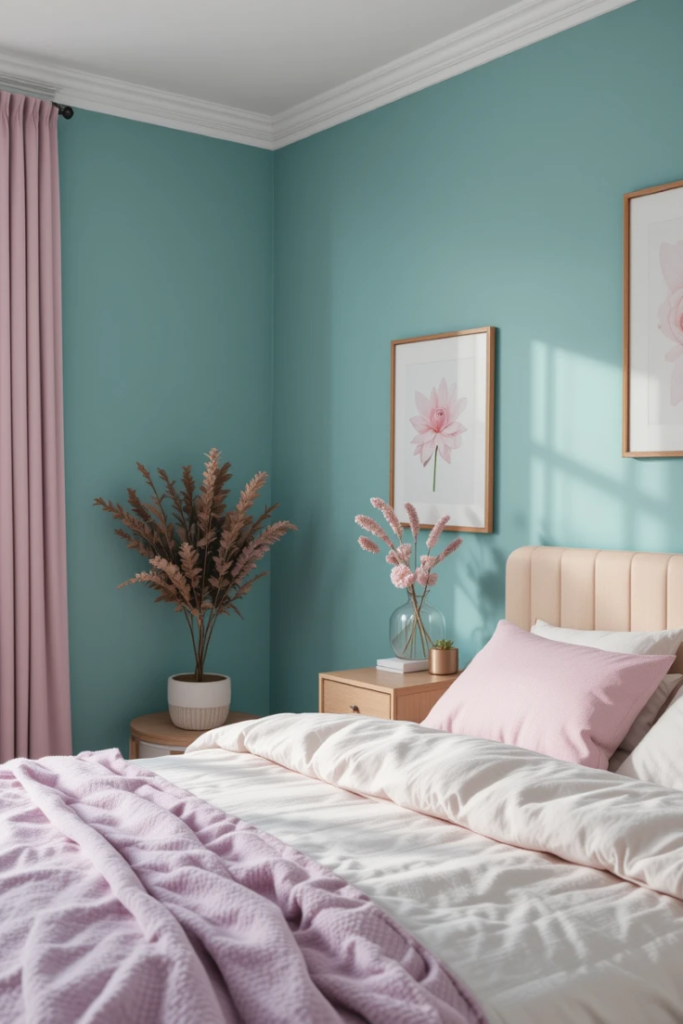 A soft, modern bedroom with teal walls, pastel pink and lavender decor, minimalist furniture, and natural light for a calming atmosphere.