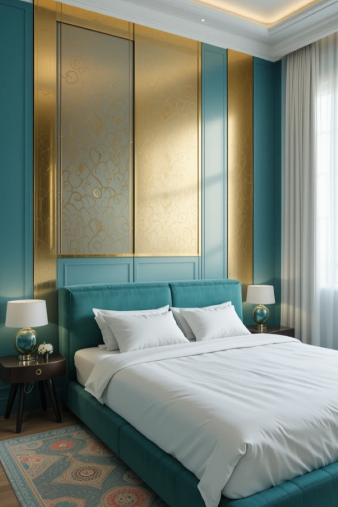 Bedroom with teal walls, gold metallic wall panels, and sleek furniture.