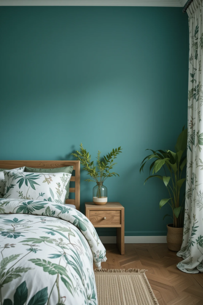 a bedroom with teal walls, botanical prints on the bedding and curtains, natural wood furniture