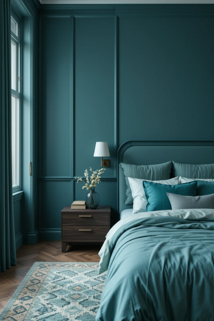 A bedroom with dark teal walls and decor in varying shades of teal, creating a modern, monochromatic look.