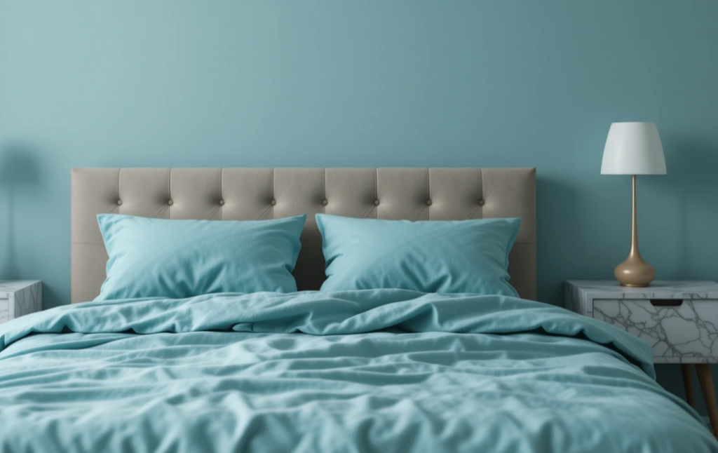 a bedroom with teal bedding and marble nightstands