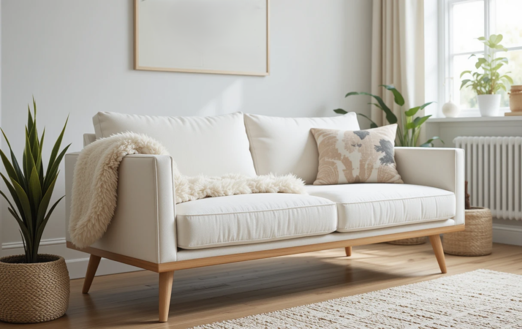 A Scandinavian-inspired sofa with light wood legs and white upholstery in a bright and airy living room