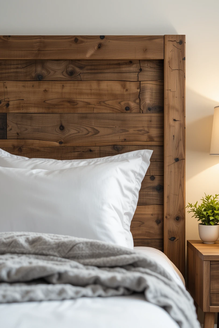 a wooden headboard, rustic bedroom ideas